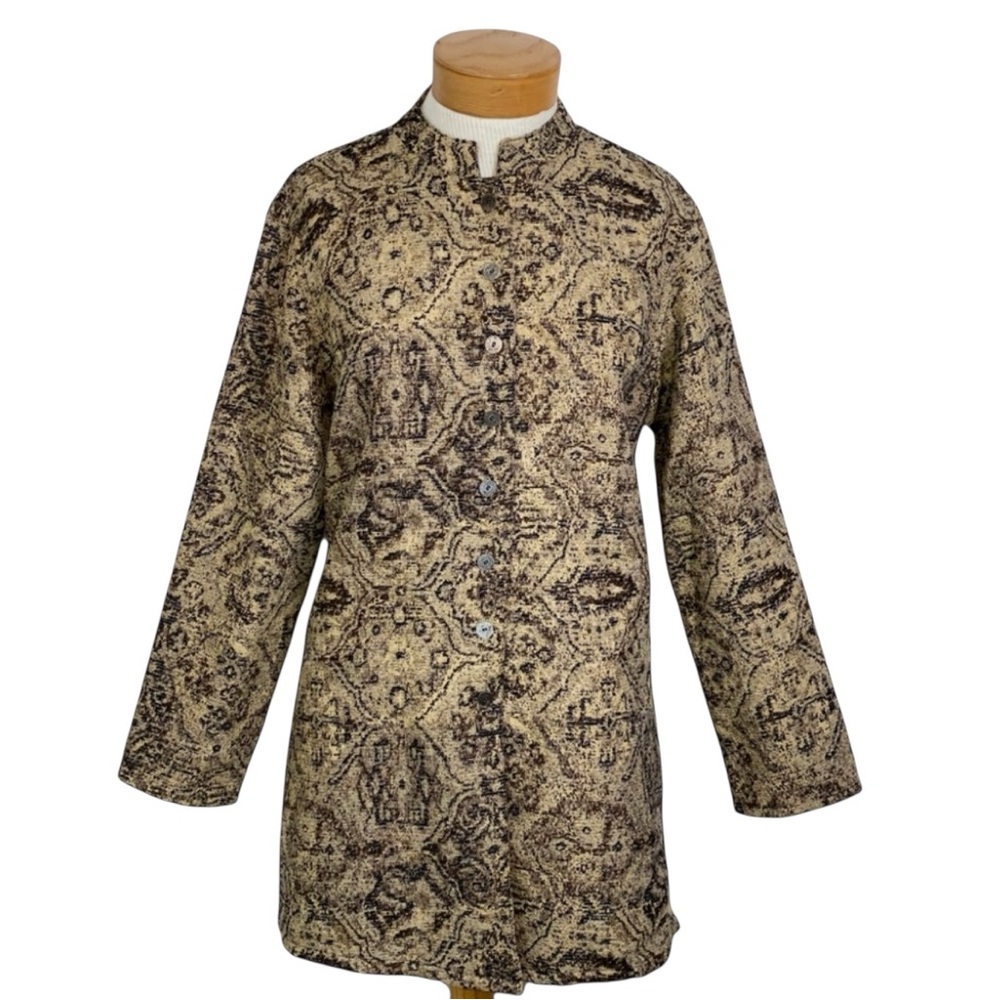 Chico's Med/1 Tapestry Long  Jacket Button Front Mandarin Collar Unlined